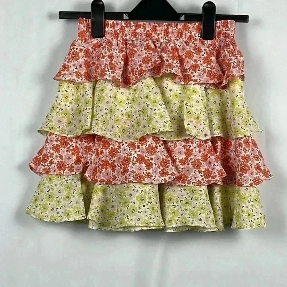 Sadie & Sage Womens Skirt Yellow & Orange XS Tiered Ruffle Floral Print Trendy